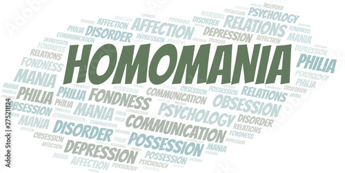 Homomania word cloud. Type of mania, made with text only.