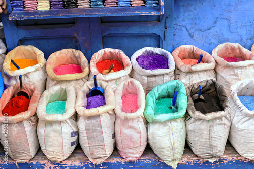Bags with powder for paint, Chefchaouen. Morocco © Natallia