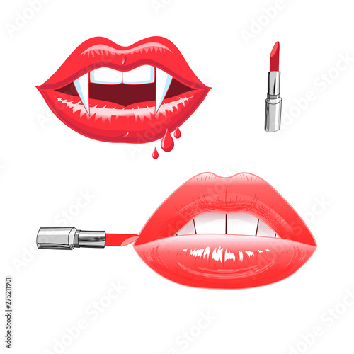 Bright vector illustration of red lips with lipstick
