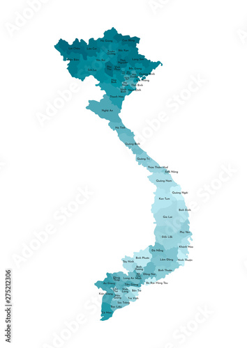 Vector isolated illustration of simplified administrative map of Vietnam. Borders and names of the regions. Colorful blue khaki silhouettes