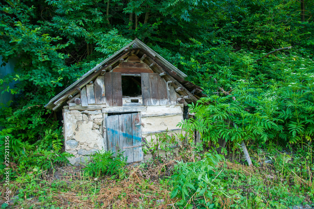 old little house with a wooden roof. In the forest near green trees. Summer old little house with a wooden roof. In the forest near green trees. Summer