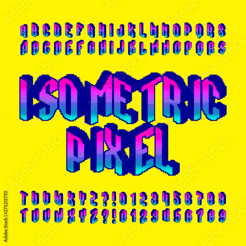 3d isometric pixel alphabet font. Digital gradient letters and numbers. 80s arcade video game typescript.