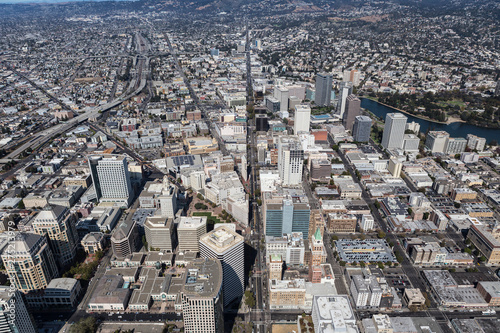Aerial view up Broadway in downtown Oakland, California.