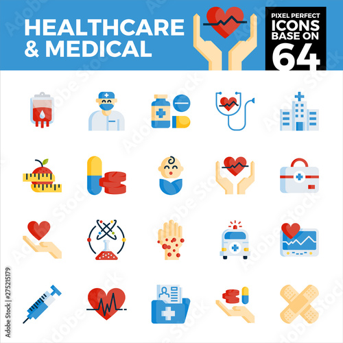 Healthcare and medical pixel perfect icons base on 64PX. Flat style.