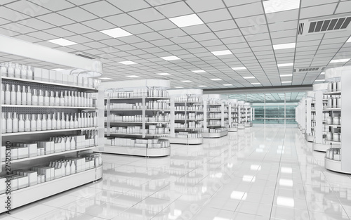 Interior of a supermarket with shelves for goods. 3d illustration photo