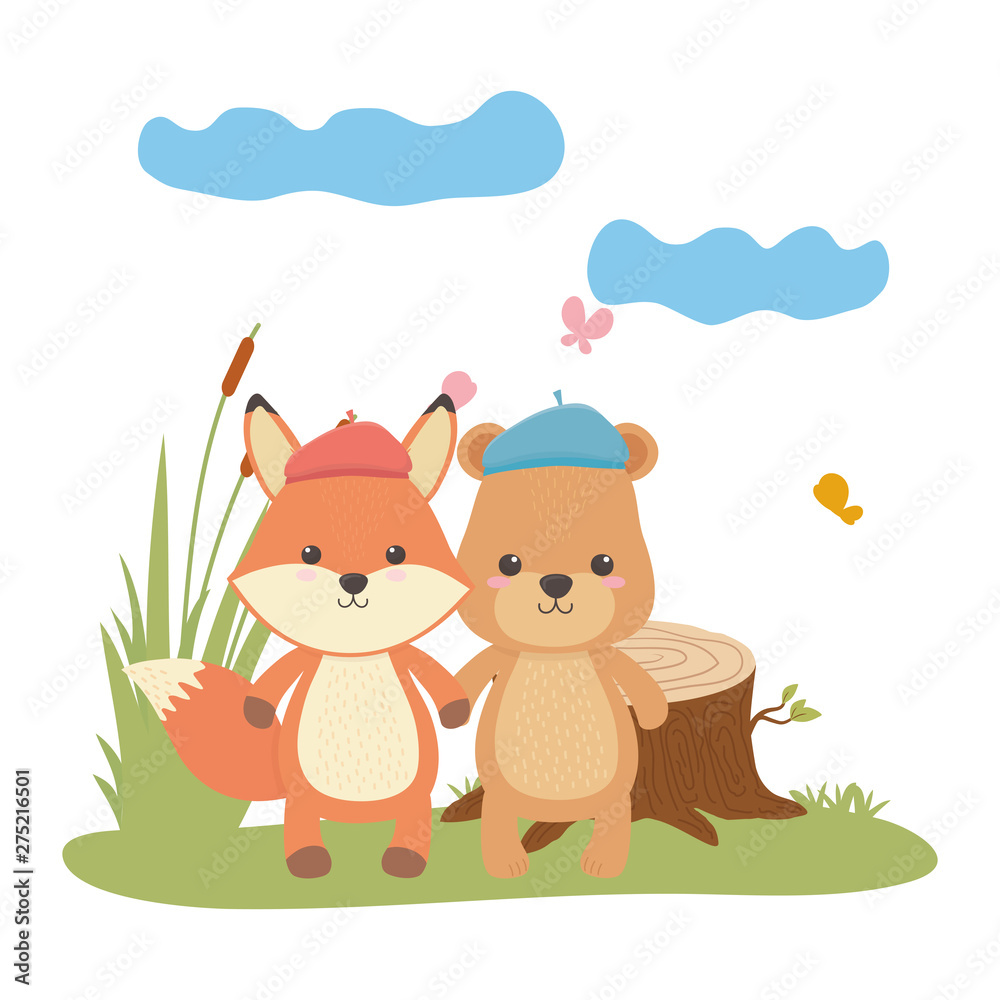 Fox and bear cartoon with hat design Fox and bear cartoon with hat design