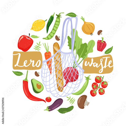 Zero waste concept. Eco bag with vegetables for eco friendly living. Circle shape composition. Vector illustration on white background.