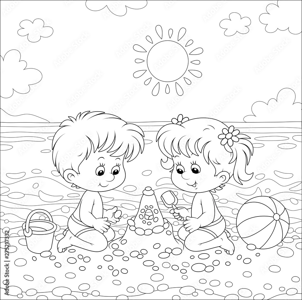Fototapeta Szczęśliwe małe dzieci bawiące się i tworzące fantazyjny zamek z piasku w pobliżu wody na plaży w słoneczny letni dzień, czarno-biała ilustracja wektorowa w stylu kreskówki dla kolorowanka