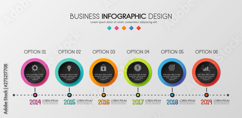 Business timeline infographic with 6 options. Vector