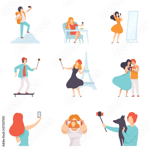 People Taking Selfie Photo on Smartphones Set, Young Women and Men Making Photo or Video for Social Media Using Modern Gadgets Vector Illustration