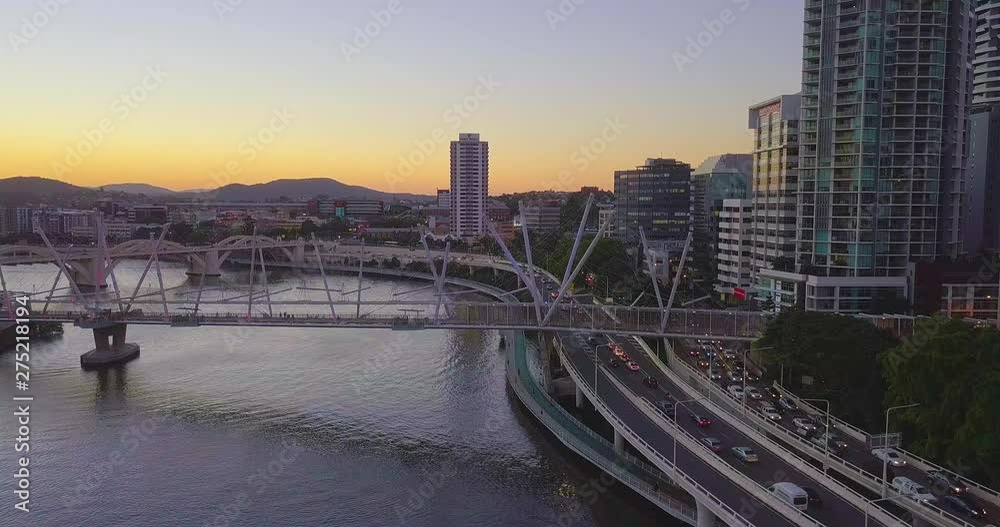 Forward aerial view of Kurilpa bridge and CBD motorway, Brisbane city, Australia. Forward aerial view of Kurilpa bridge and CBD motorway, Brisbane city, Australia.