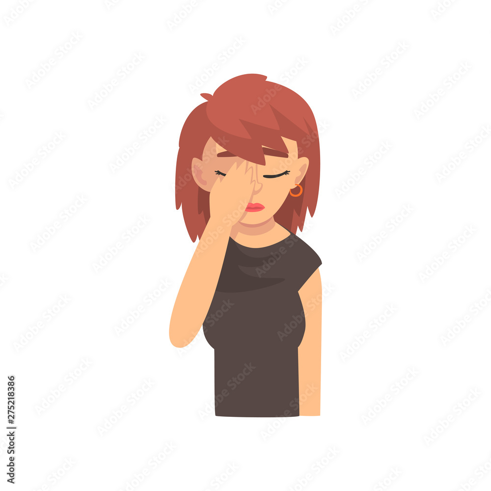 Young Woman Covering Her Face with Hand, Girl Making Facepalm Gesture, Shame, Headache, Disappointment, Negative Emotion Vector Illustration Young Woman Covering Her Face with Hand, Girl Making Facepalm Gesture, Shame, Headache, Disappointment, Negative Emotion Vector Illustration