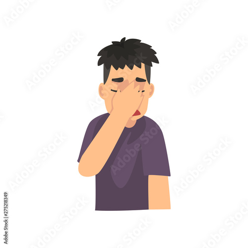 Young Man Covering Her Face with Hand, Guy Making Facepalm Gesture, Shame, Headache, Disappointment, Negative Emotion Vector Illustration