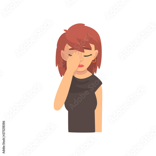 Young Woman Covering Her Face with Hand, Girl Making Facepalm Gesture, Shame, Headache, Disappointment, Negative Emotion Vector Illustration