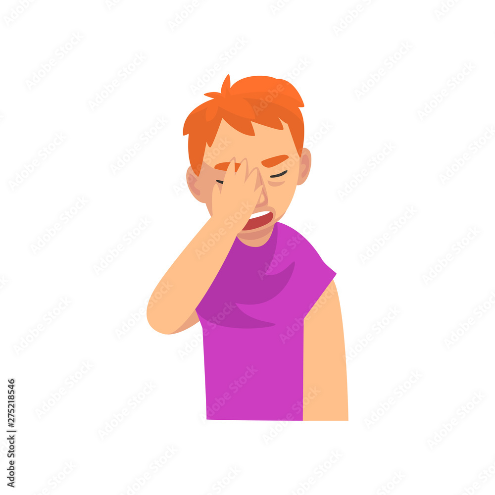 Unhappy Young Man Covering His Face with Hand, Guy Making Facepalm Gesture, Shame, Headache, Disappointment, Negative Emotion Vector Illustration Unhappy Young Man Covering His Face with Hand, Guy Making Facepalm Gesture, Shame, Headache, Disappointment, Negative Emotion Vector Illustration