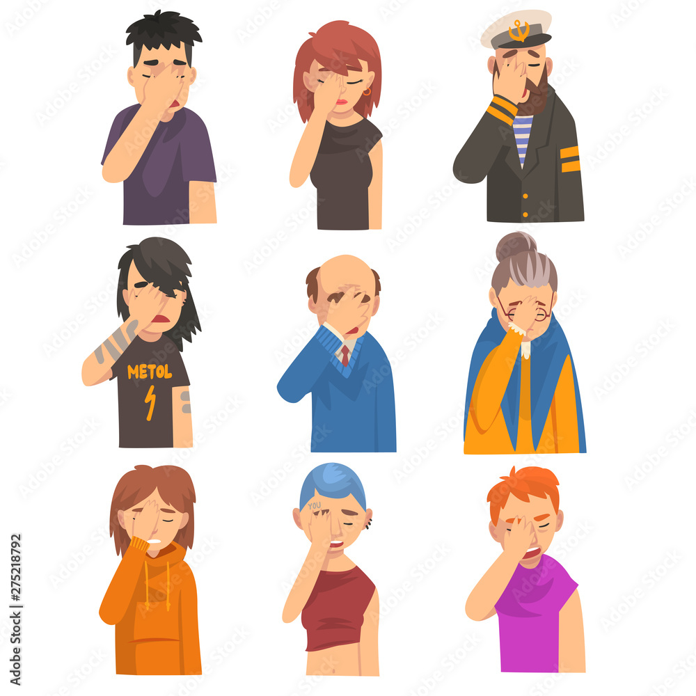 People Covering Their Face with Hands Set, Men and Women Making Facepalm Gestures, Shame, Headache, Disappointment, Negative Emotions Vector Illustration