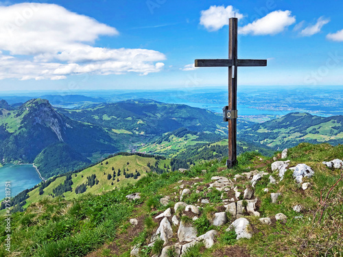 Top of the mountain Bockmattlistock above the valley Wagital or Waegital and alpine Lake Wagitalersee (Waegitalersee), Innerthal - Canton of Schwyz, Switzerland photo