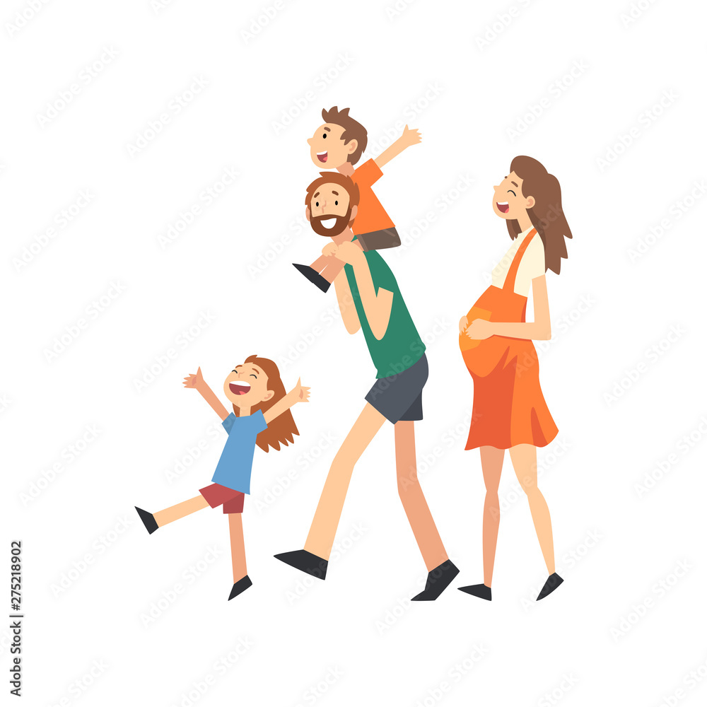 Smiling Pregnant Mother, Father and Kids, Happy Family with Children Walking Cartoon Vector Illustration Smiling Pregnant Mother, Father and Kids, Happy Family with Children Walking Cartoon Vector Illustration