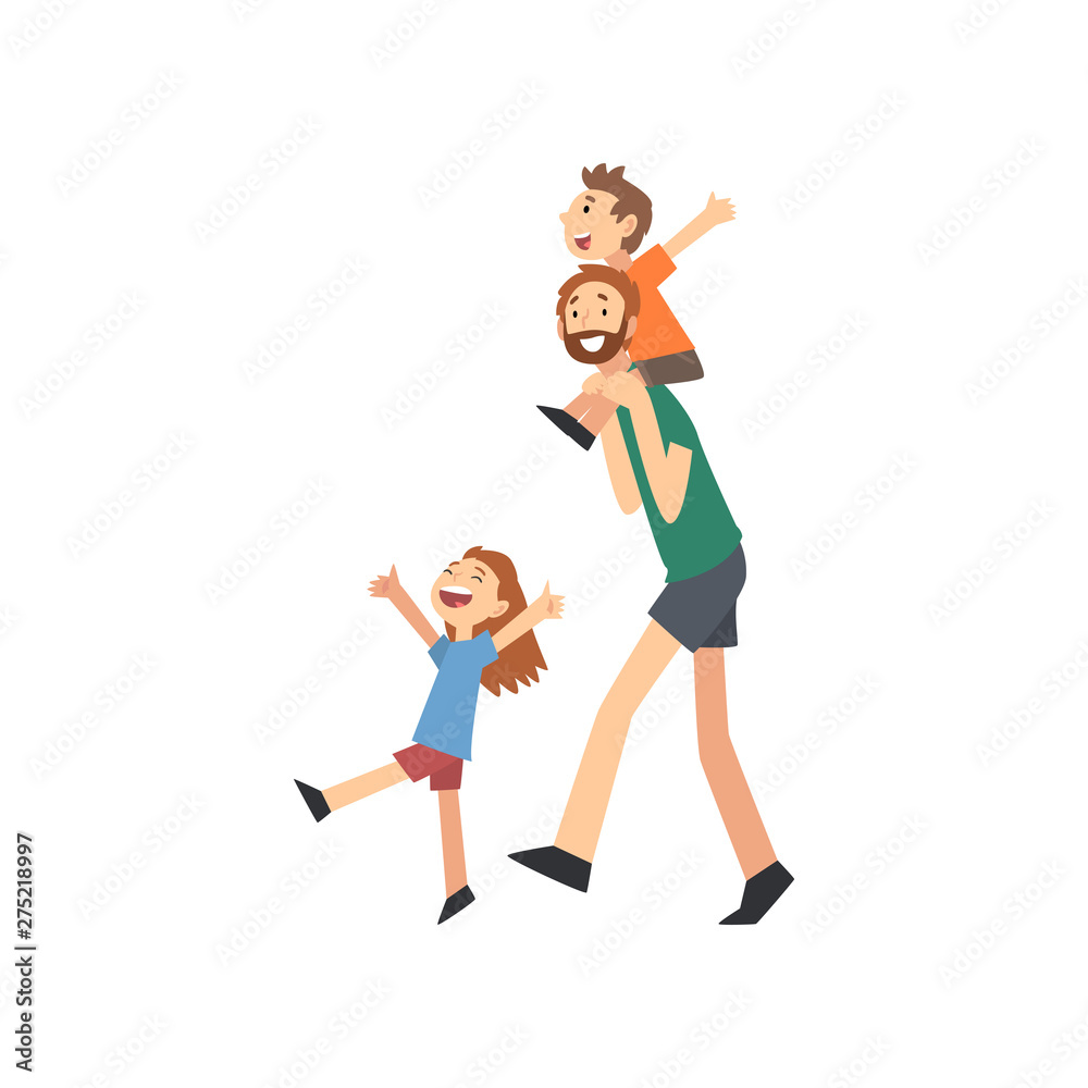 Dad and Son Spending Good Time Together, Dad Carrying Son on His Shoulders, Happy Family Concept Cartoon Vector Illustration Dad and Son Spending Good Time Together, Dad Carrying Son on His Shoulders, Happy Family Concept Cartoon Vector Illustration