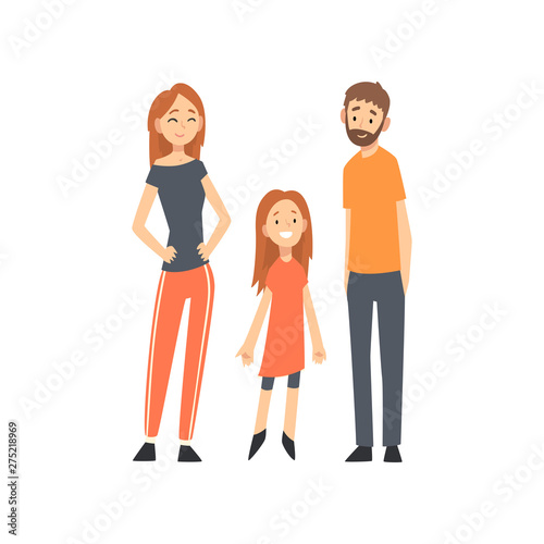 Smiling Mother, Father and Daughter, Happy Family with Child Cartoon Vector Illustration