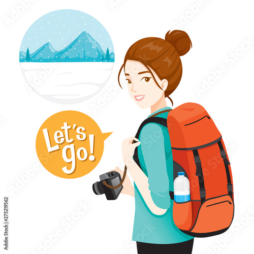 Female Backpacker Traveller With Baggage And Camera For Travel