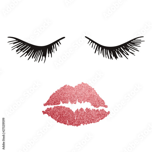 Eyelashes and lips. Beauty woman face with pink shiny lips. Luxury Make up concept. Design for Beauty Logo, icon for salon, poster, pillow, typography. Vector illustration