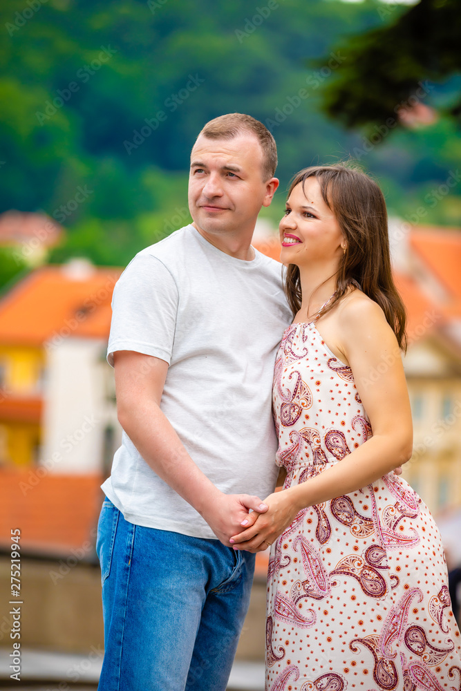 Fototapeta premium Young couple walking in old town of Prague