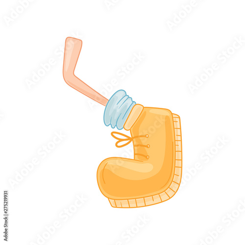 Cartoon foot in a yellow boot makes a move. Vector illustration on white background.