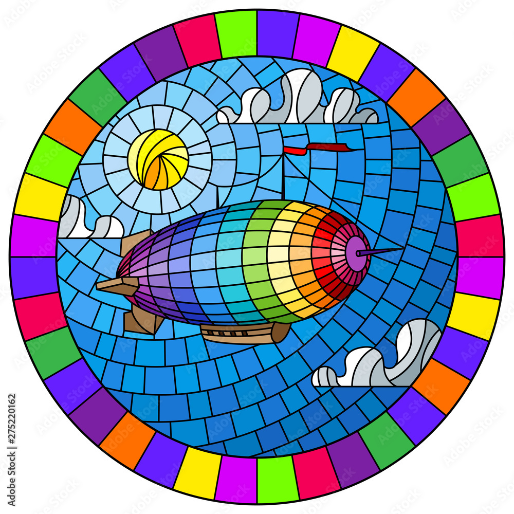 Fototapeta premium Illustration in stained glass style with balloon on sky, sun and clouds background, oval picture in bright frame