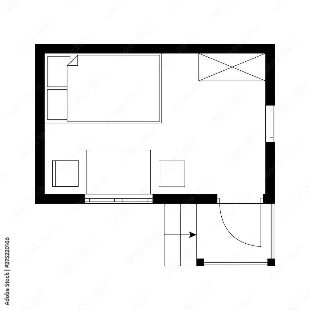 Black and white plan of tiny garden house. One room with furniture.