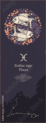 Zodiac sign Pisces. The symbol of the astrological horoscope. Hand-drawn illustration. Vertical banner. Template for postcard, brochure, page, booklet.