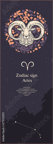 Zodiac sign Aries. The symbol of the astrological horoscope. Hand-drawn illustration. Vertical banner. Template for postcard, brochure, page, booklet.