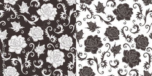 Stylish embroidery. Monochrome seamless pattern with embroidered rose flowers.