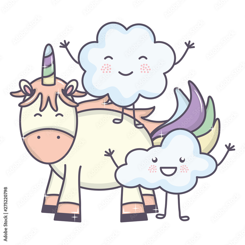 cute adorable unicorn and cloud kawaii fairy characters