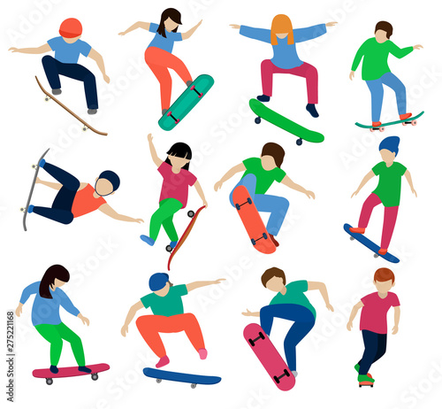 Skateboarders vector boy or girl characters skateboarding on skateboard or teenager skaters jumping on board in skatepark illustration set of people skating isolated on white background