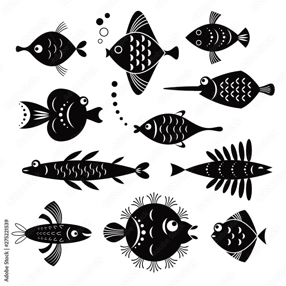 set of black and white stylized fishes, sea creatures, idea for logo design, vector illustration set of black and white stylized fishes, sea creatures, idea for logo design, vector illustration