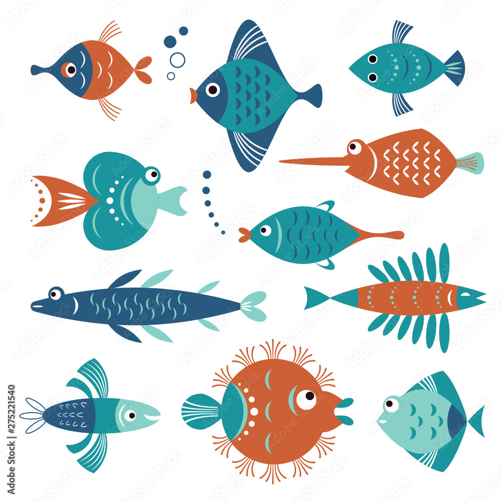 set of colorful stylized fishes, sea creatures, idea for logo design, vector illustration