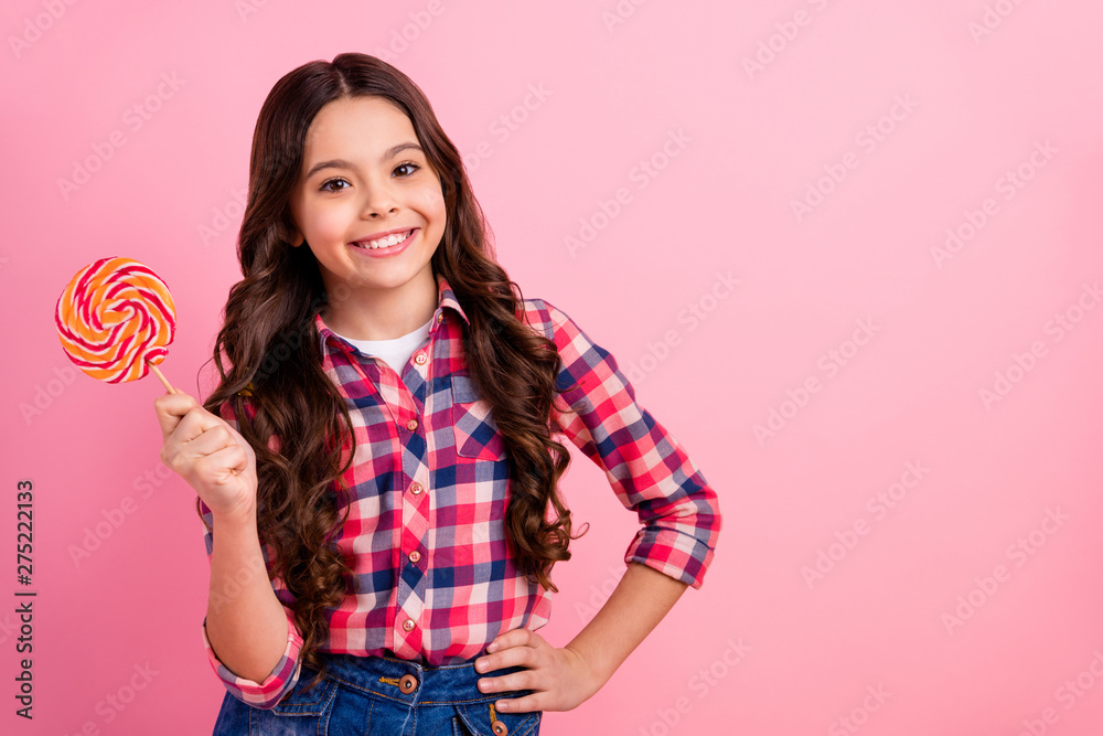 Portrait of cute attractive nice pretty kid child feel positive friendly content have free time weekend relax rest wear checked denim jeans outfit isolated pink background Portrait of cute attractive nice pretty kid child feel positive friendly content have free time weekend relax rest wear checked denim jeans outfit isolated pink background
