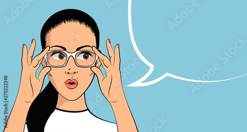 Wow female face. Closeup of Serious surprised young woman with open mouth holding her glasses. Speech bubble blank. Vector background 