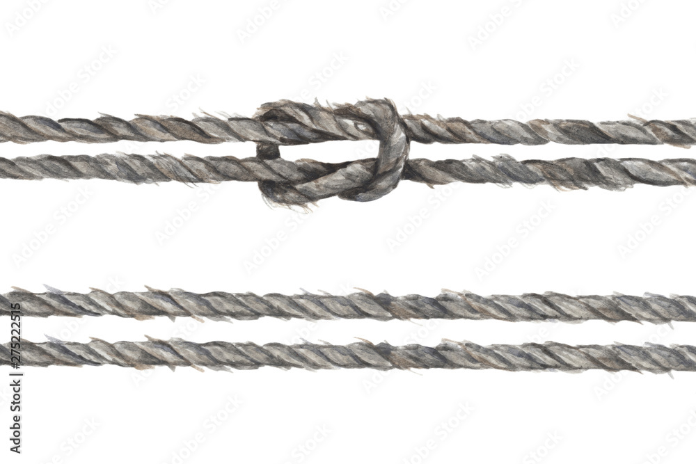 Set of Gray rope string with knot. Isolated on white background. Nautical style. Watercolor illustration. Set of Gray rope string with knot. Isolated on white background. Nautical style. Watercolor illustration.