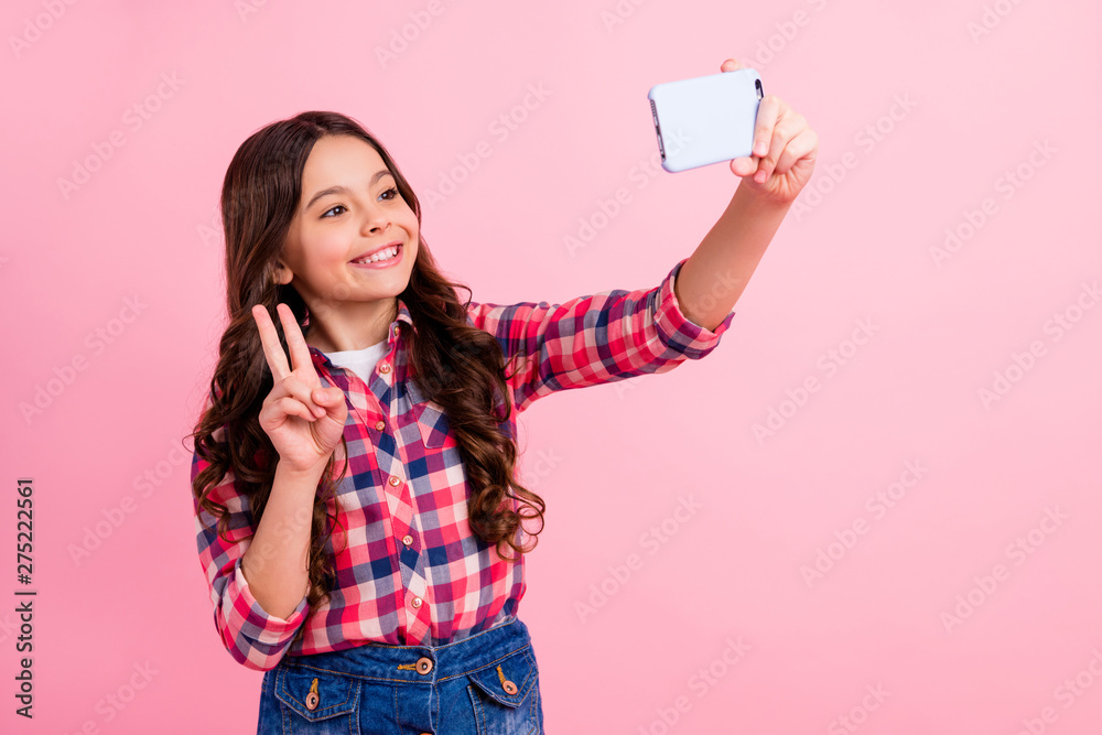 Porrait of cute attractive lovely kid make photo video call live blog blogger positive cheerful excited fun rest relax stylish modern checked shirt over pink background Porrait of cute attractive lovely kid make photo video call live blog blogger positive cheerful excited fun rest relax stylish modern checked shirt over pink background
