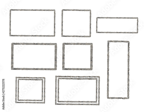 Set of Gray rope frame. Isolated on white background. Nautical style. Watercolor illustration.