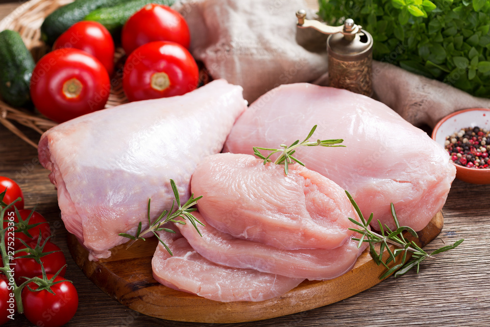 fresh turkey meat with ingredients for cooking - obrazy, fototapety, plakaty 