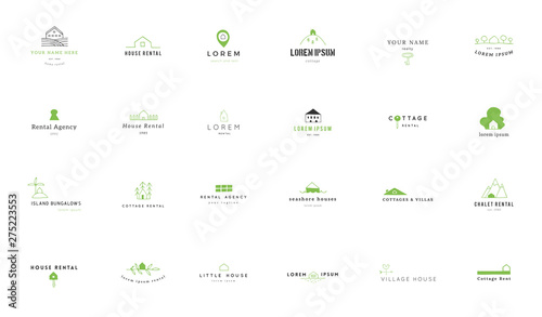 Set of vector hand drawn logo templates in colour. House rental theme.