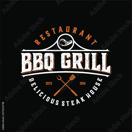 Bbq barbecue barbeque logo vintage style, food drink restaurant lebel icon simple minimalist.