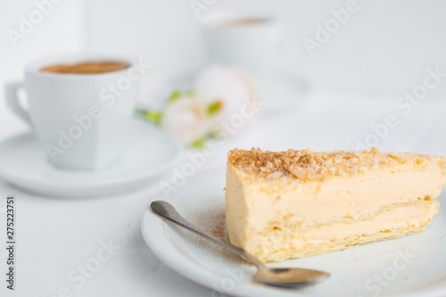 Balkan cremeschnitte or krempita pie. Sweet cream pie slices on a plate 