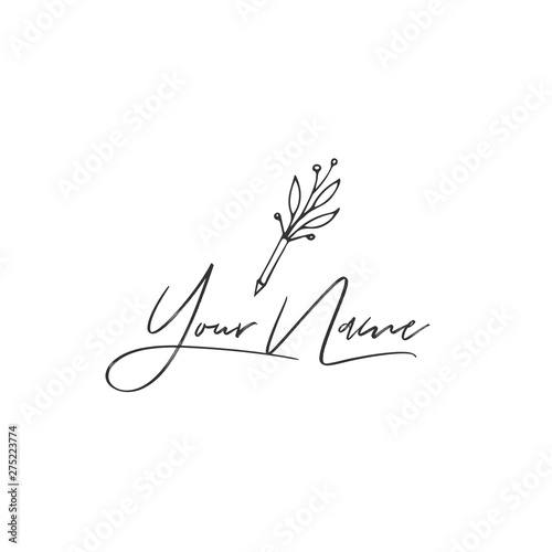 Vector hand drawn logo template with a flourishing pen icon. Copywriting, writing and publishing theme.