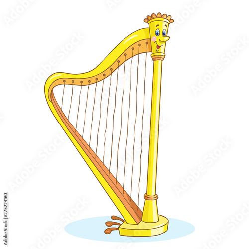 Cute harp - stringed music instrument in cartoon style, isolated on white background. Vector illustration.