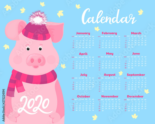 Cute pig in a striped hat with a fluffy pompon and scarf. Calendar for 2020. Week start on Sunday