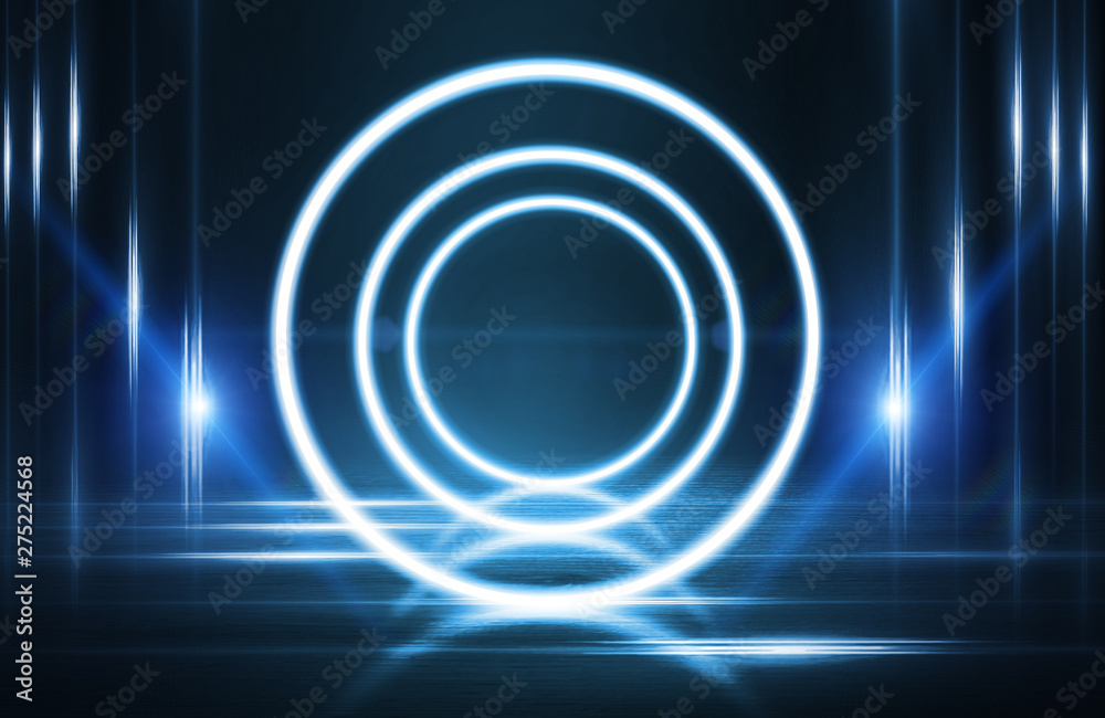 Empty background scene. Dark street reflection on wet asphalt. Rays of neon light in the dark, neon figures, smoke. Background of empty stage show. Abstract dark background. Empty background scene. Dark street reflection on wet asphalt. Rays of neon light in the dark, neon figures, smoke. Background of empty stage show. Abstract dark background.